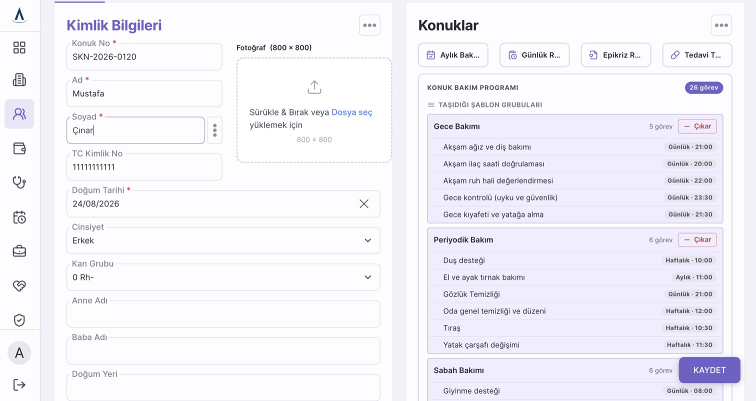 Huzur Astro panel — konuk dosyası: solda kimlik bilgileri ve fotoğraf alanı, sağda konuğun bakım programı — 26 görev, Gece Bakımı / Periyodik Bakım / Sabah Bakımı şablon grupları ve her görevin tekrarı ile saati