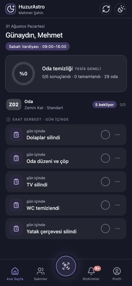 Temizlik personelinin günü ekranı — oda temizliği kontrol listesi