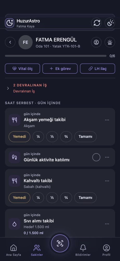 Konuk günlük kontrolleri (checklist) ekranı