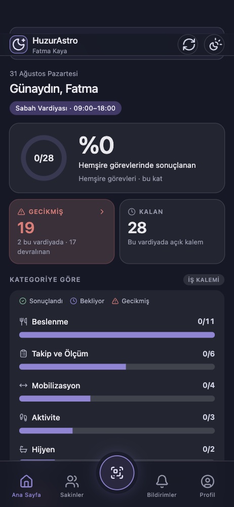 Ana Sayfa ekranı — kat panosu ve vardiya görevleri