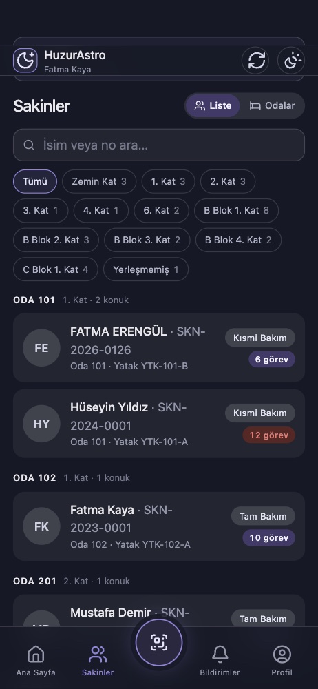 Sakinler listesi ekranı