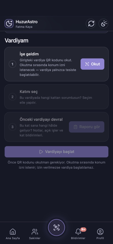 Vardiya başlatma akışı — işe geldim, kat seçimi, vardiyayı başlat