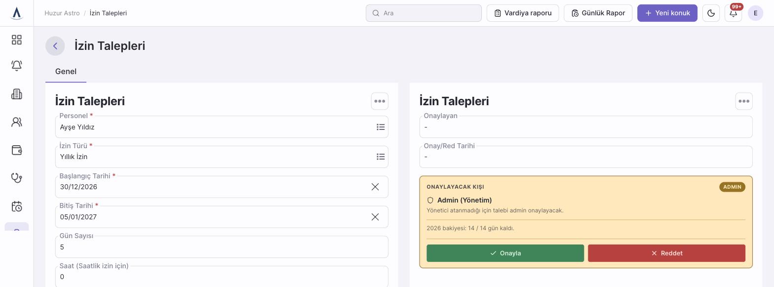 Huzur Astro panel — izin talebi onay ekranı
